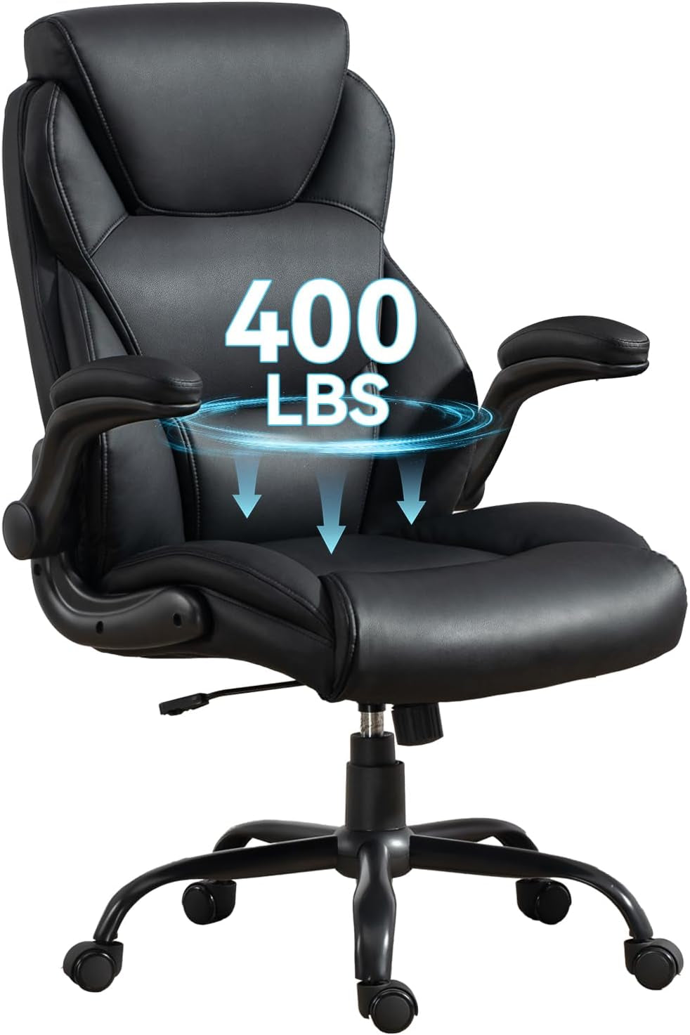 400LBS Big and Tall Office Chair, Heavy Duty Leather Executive Desk Chair with Padded Flip-Up Arms, Swivel Rolling Computer Chair for Home Office, Black