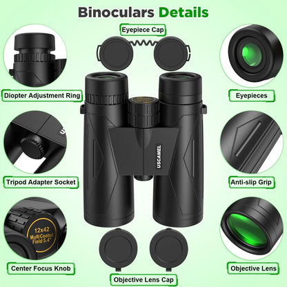 12X42 Binoculars for Adults Kids, HD Binoculars Waterproof FMC BAK4 Binoculars Low Light Night Vision for Bird Watching Travel Hunting Outdoor Sports Concerts