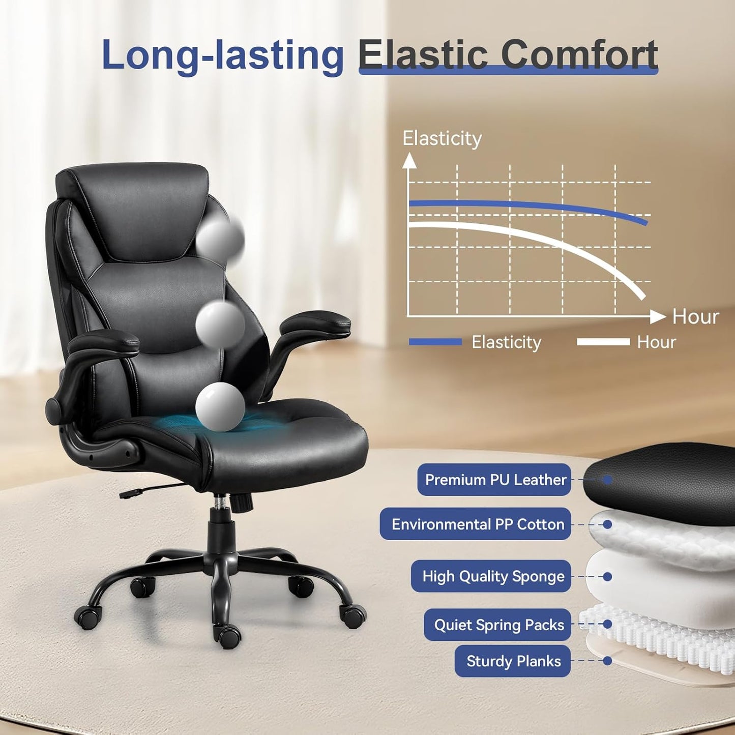 400LBS Big and Tall Office Chair, Heavy Duty Leather Executive Desk Chair with Padded Flip-Up Arms, Swivel Rolling Computer Chair for Home Office, Black