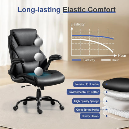 400LBS Big and Tall Office Chair, Heavy Duty Leather Executive Desk Chair with Padded Flip-Up Arms, Swivel Rolling Computer Chair for Home Office, Black