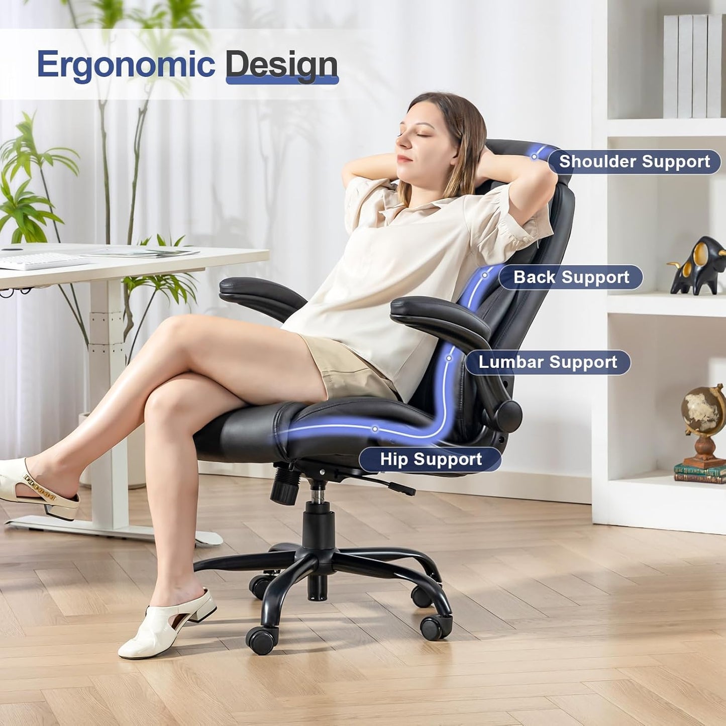 400LBS Big and Tall Office Chair, Heavy Duty Leather Executive Desk Chair with Padded Flip-Up Arms, Swivel Rolling Computer Chair for Home Office, Black