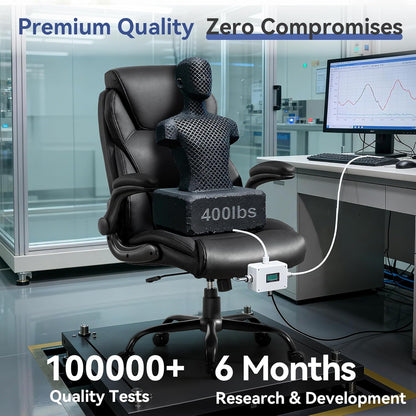 400LBS Big and Tall Office Chair, Heavy Duty Leather Executive Desk Chair with Padded Flip-Up Arms, Swivel Rolling Computer Chair for Home Office, Black