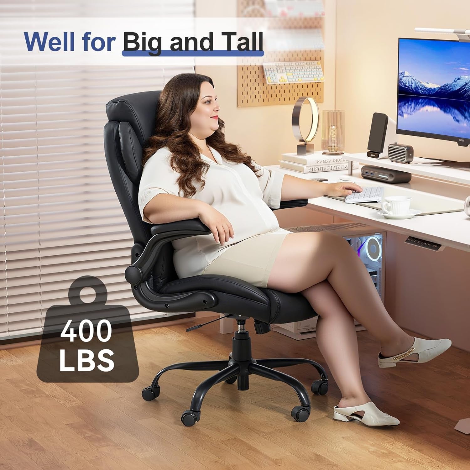 400LBS Big and Tall Office Chair, Heavy Duty Leather Executive Desk Chair with Padded Flip-Up Arms, Swivel Rolling Computer Chair for Home Office, Black