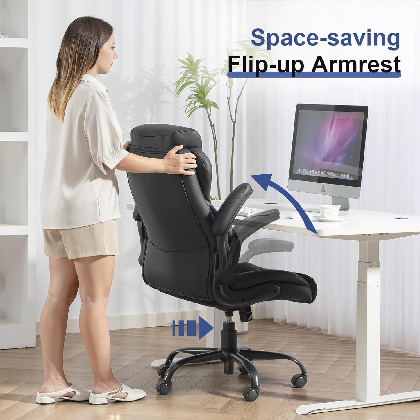 400LBS Big and Tall Office Chair, Heavy Duty Leather Executive Desk Chair with Padded Flip-Up Arms, Swivel Rolling Computer Chair for Home Office, Black