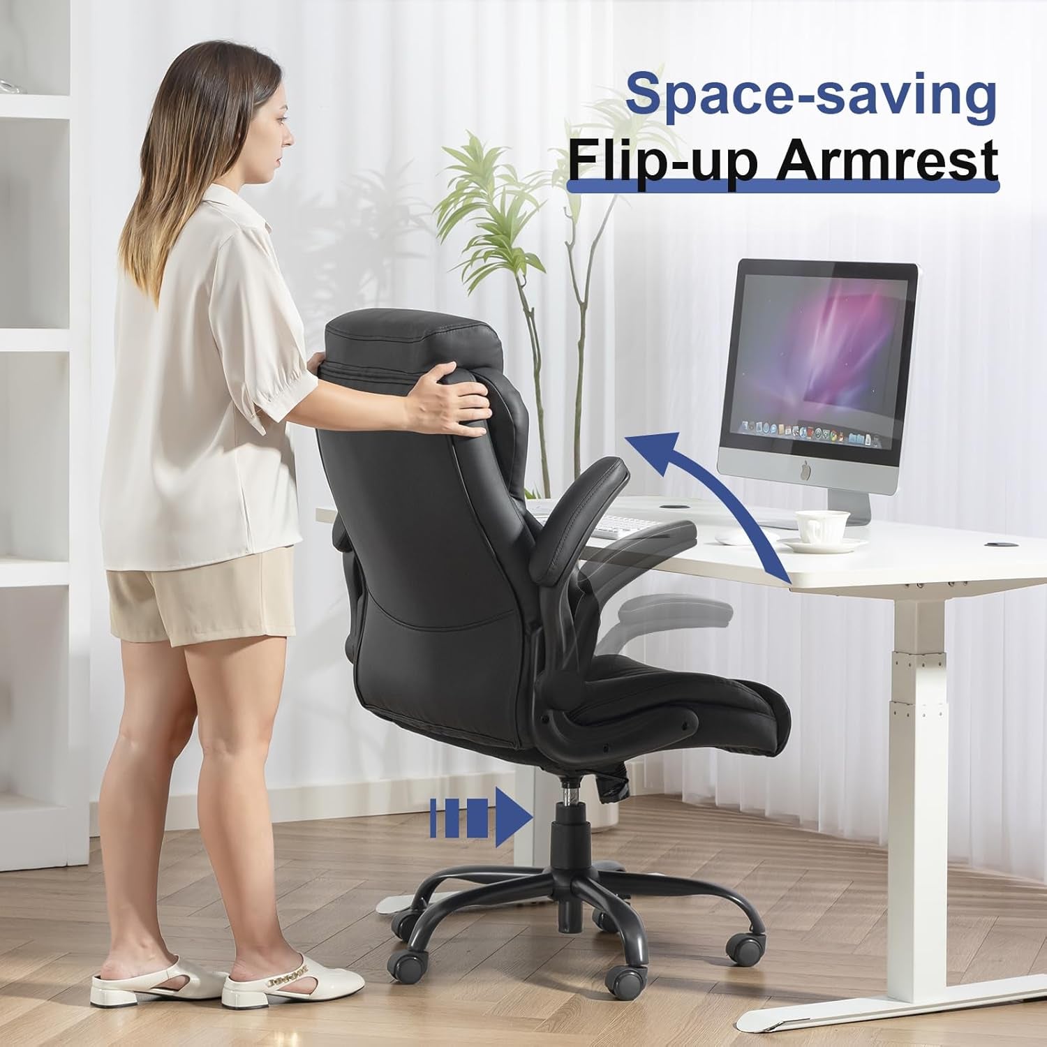 400LBS Big and Tall Office Chair, Heavy Duty Leather Executive Desk Chair with Padded Flip-Up Arms, Swivel Rolling Computer Chair for Home Office, Black