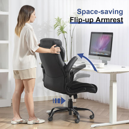 400LBS Big and Tall Office Chair, Heavy Duty Leather Executive Desk Chair with Padded Flip-Up Arms, Swivel Rolling Computer Chair for Home Office, Black