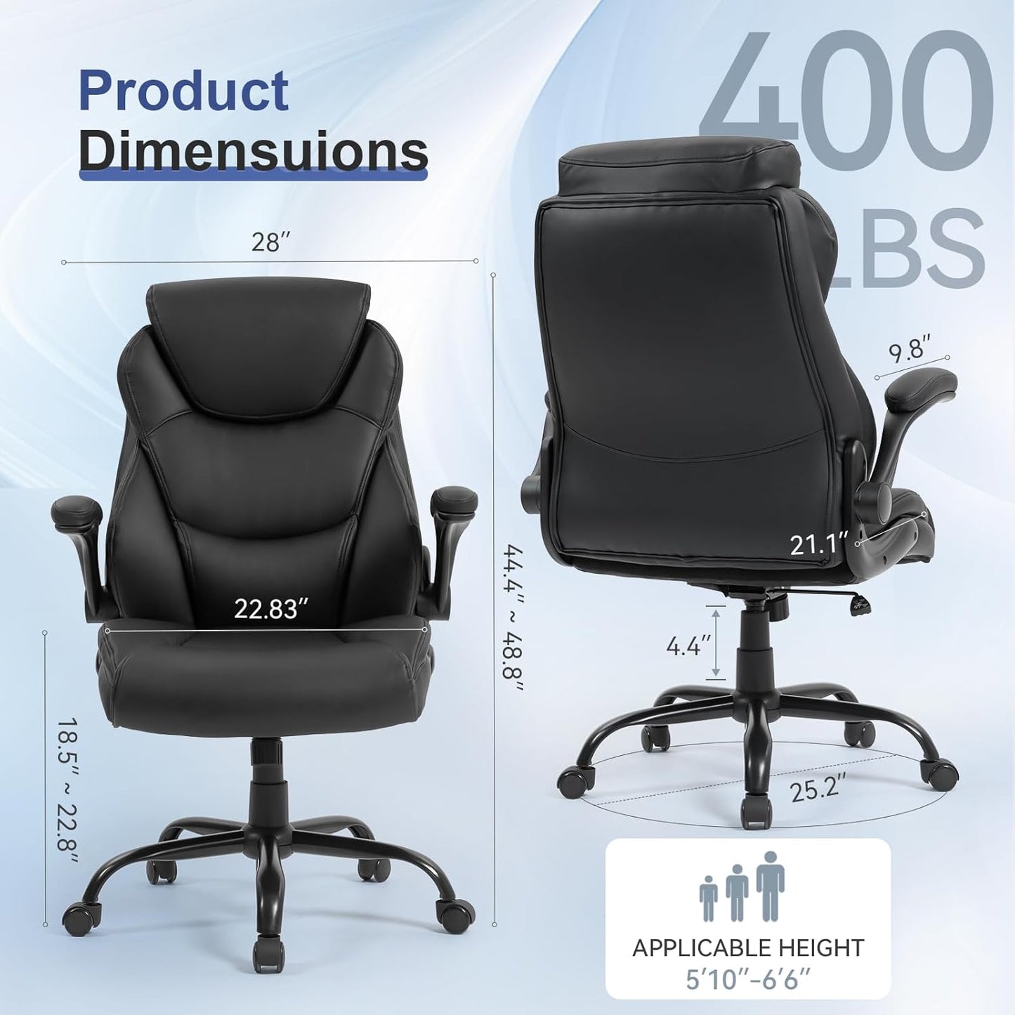 400LBS Big and Tall Office Chair, Heavy Duty Leather Executive Desk Chair with Padded Flip-Up Arms, Swivel Rolling Computer Chair for Home Office, Black